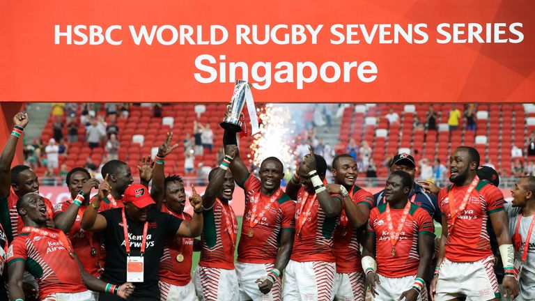 Kenya celebrate after defeating Fiji in the 2016 Singapore Sevens Cup Final