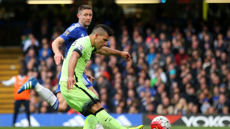 Sergio Aguero scored his 19th, 20th and 21st goals of the Premier League season at Stamford Bridge