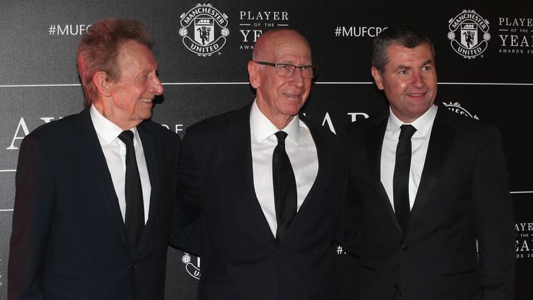 Manchester United legends Denis Law, Sir Bobby Charlton and Denis Irwin 