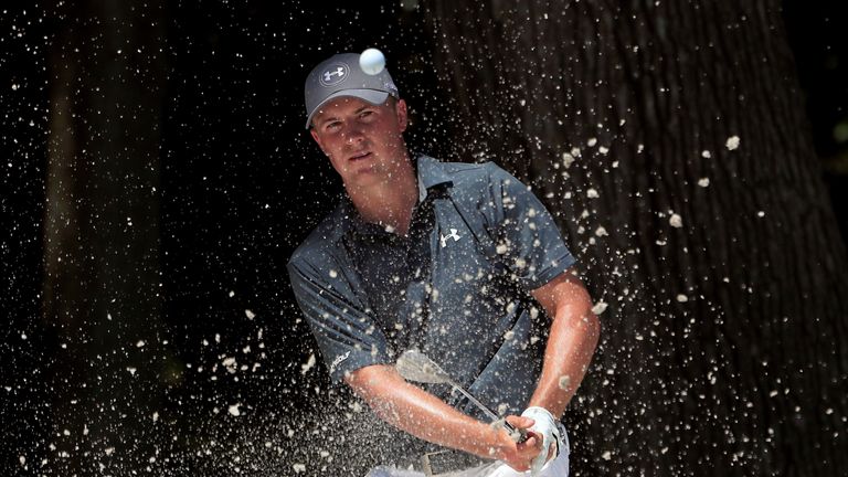 Jordan Spieth recovers from the sand on the eighth