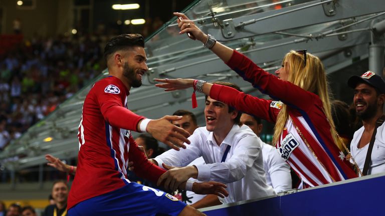 Yannick Carrasco celebrates with a kiss after equalising for Atletico Madrid in the Champions League final against Real Madrid