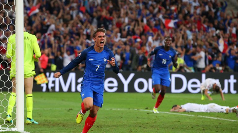 Antoine Griezmann celebrates after scoring for France against Albania