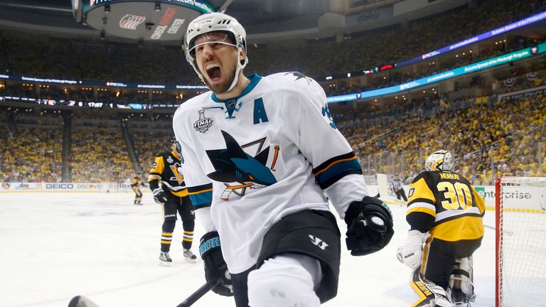 Logan Couture celebrates his goal - San Jose's second - in their 4-2 win over Pittsburgh