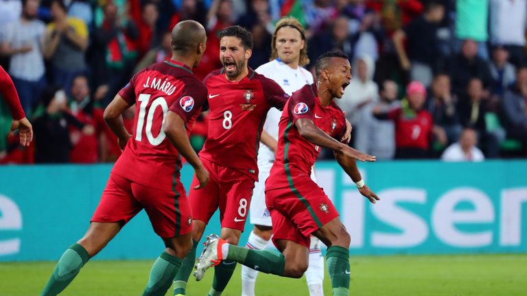 Nani celebrates his goal just after the half-hour mark
