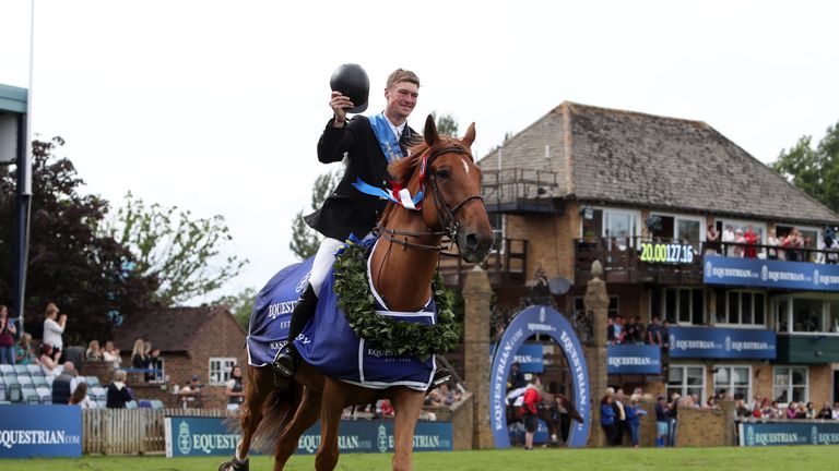 William Whitaker, riding Glenavadra Brilliant, celebrates his Hickstead Derby win