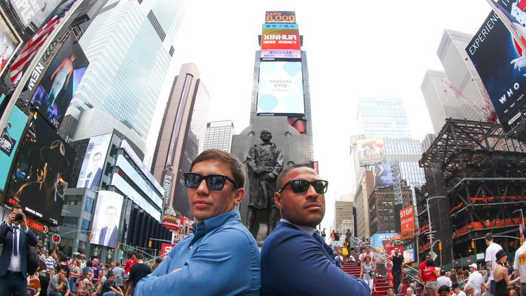 Kell Brook (right) and Golovkin pose in New York