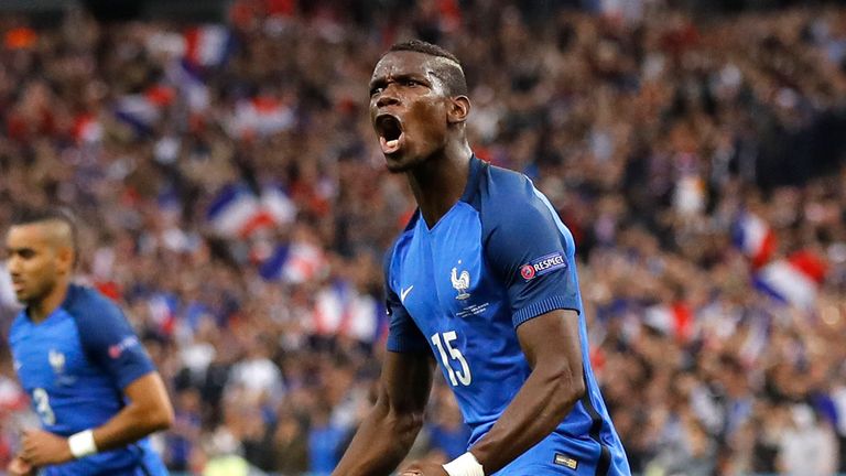 Pogba celebrates his goal against Iceland, which opened the scoring for hosts France