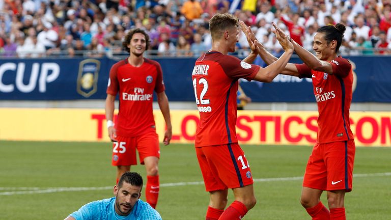 Paris Saint-Germain defender Thomas Meunier © celebrates his second goal