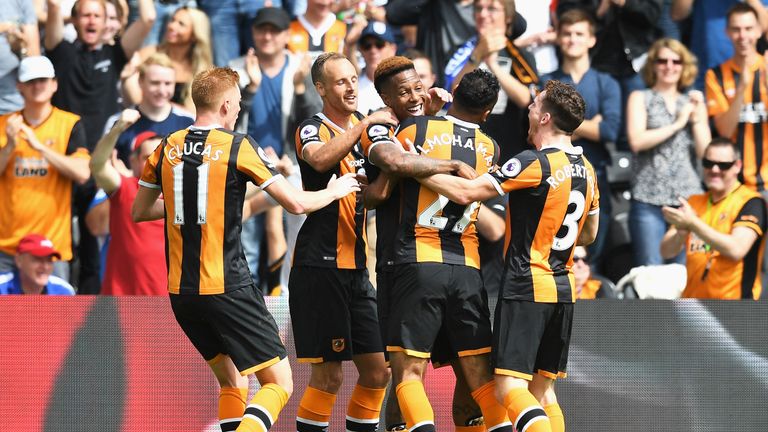 Hull celebrate Adama Diomande's opener in first-half stoppage time