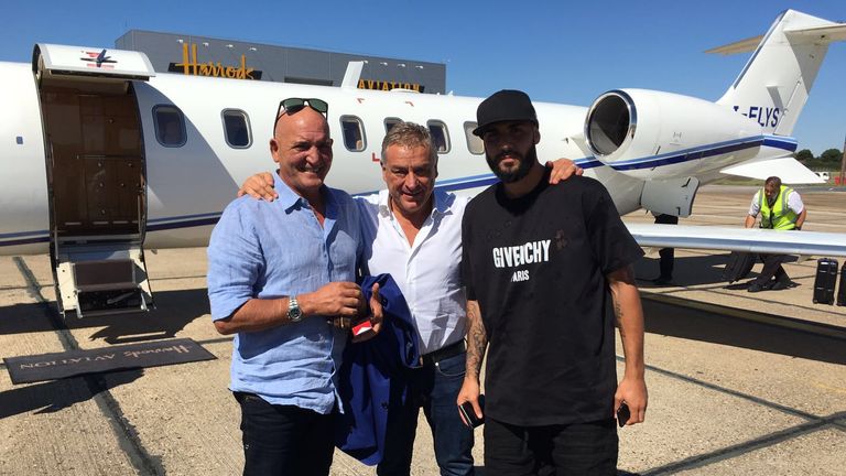 Simone Zaza (right) arrives in London for his medical with West Ham with his father Antonio and agent Vincenzo Morabito - picture credit Gianluca di Marzio