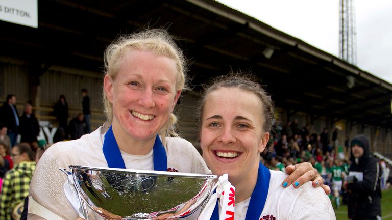 Tamara Taylor (left) and Katy McLean (right) celebrate winning the Women's Six Nations