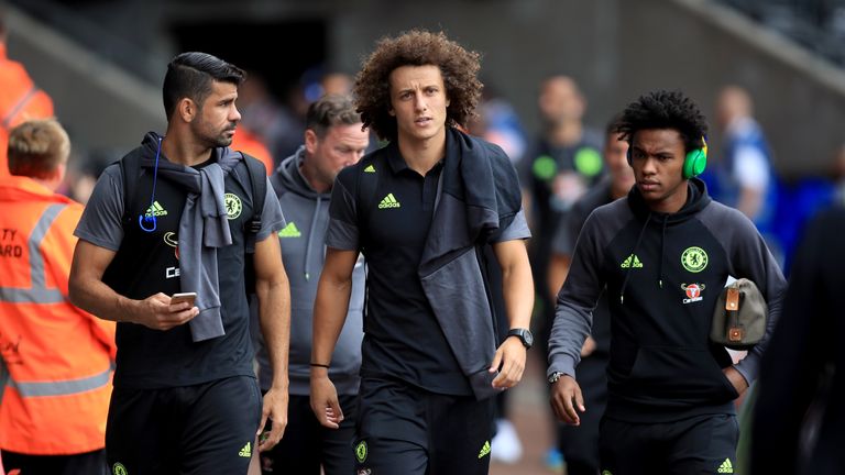 Chelsea's Diego Costa (left), David Luiz (centre) and Willian (right) before match at the Liberty Stadium