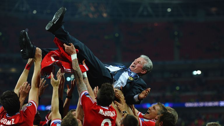Heynckes is thrown into the air by his Bayern Munich players after winning the Champions League final