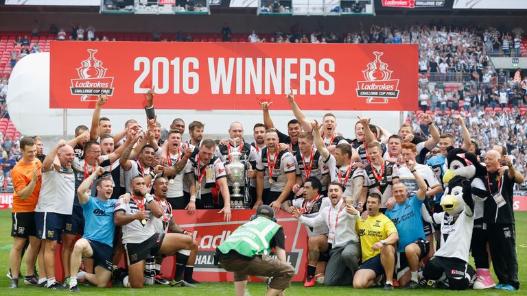 Hull FC celebrate after lifting the Challenge Cup