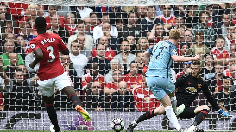 De Bruyne slots past De Gea for 1-0 in the first half