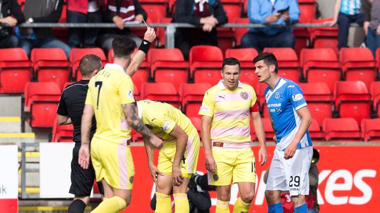 Referee John Beaton shows St Johnstone's Graham Cummins (right) the yellow card during the win over Hearts