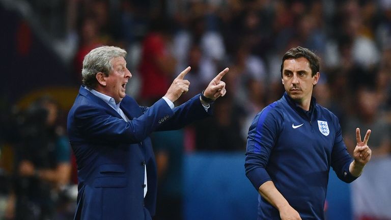 Former Engand manager Roy Hodgson and assistant Gary Neville during Euro 2016