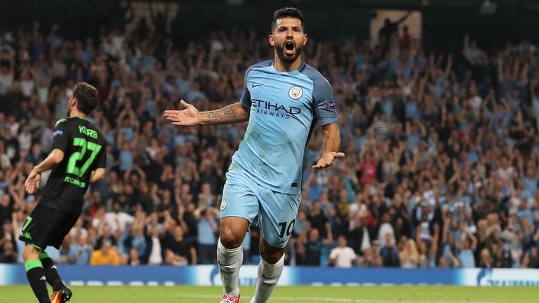 Manchester City's Sergio Aguero celebrates his hat-trick 