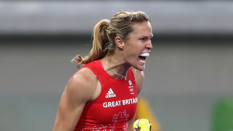 Crista Cullen celebrates GB's second goal against Netherlands on Day 14 of the Rio Games