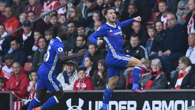 Eden Hazard (right) celebrates scoring Chelsea