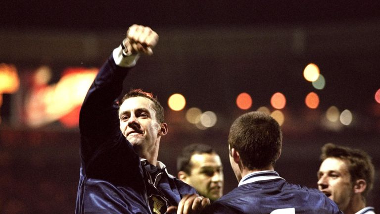 Don Hutchison celebrates his 39th-minute winner for Scotland during the Euro 2000 play-off second leg