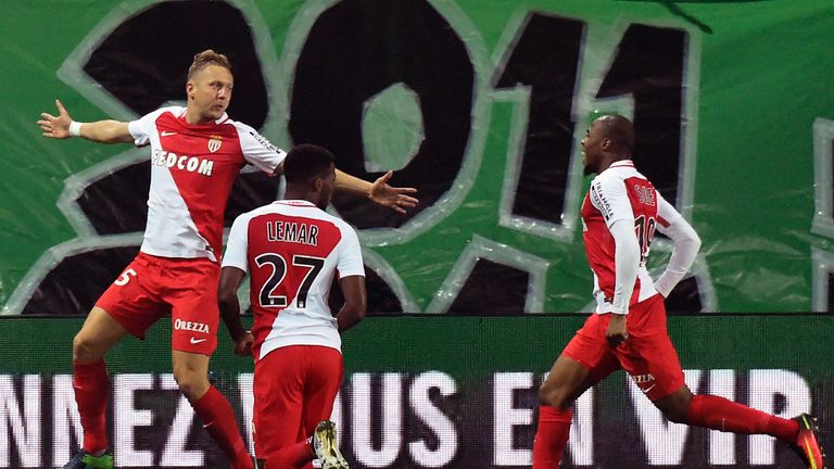 Kamil Glik (L) celebrates scoring for Monaco