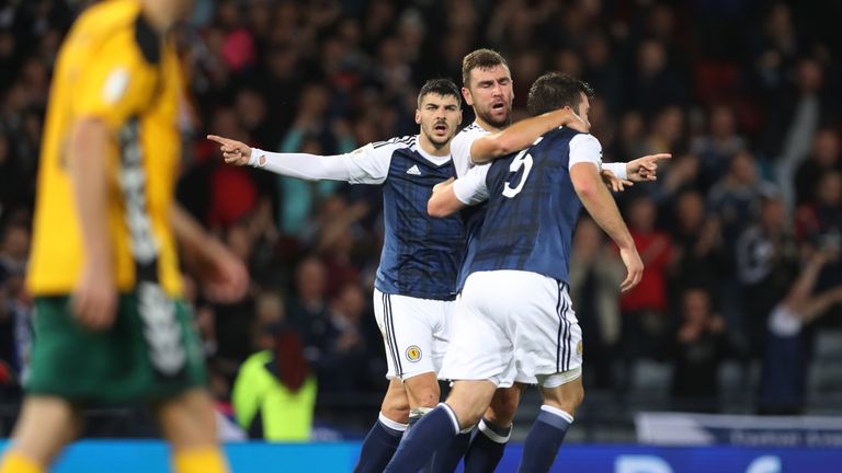 James McArthur of Scotland celebrates after the equaliser