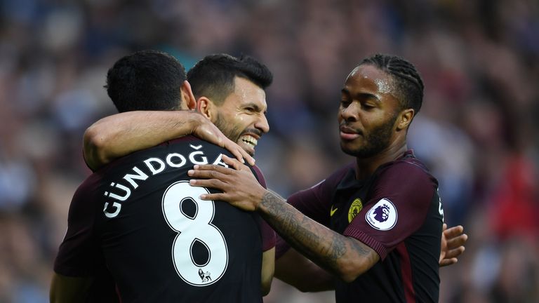 Aguero is congratulated after scoring his first goal for Manchester City in more than a month