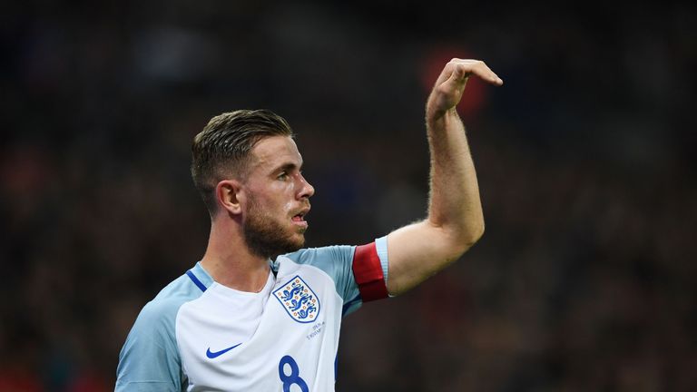 Jordan Henderson signals during England's win over Spain at Wembley