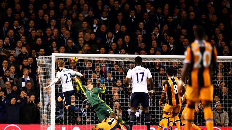 Eriksen passes high into the net for the first of his two goals against Hull