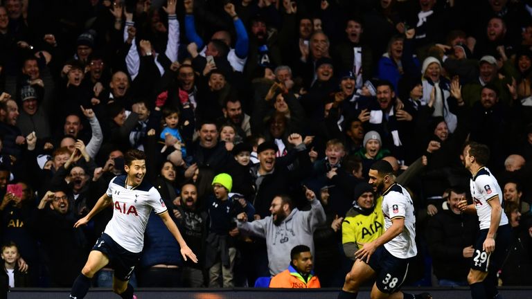 Heung-Min Son celebrates Tottenham's later winner against Wycombe