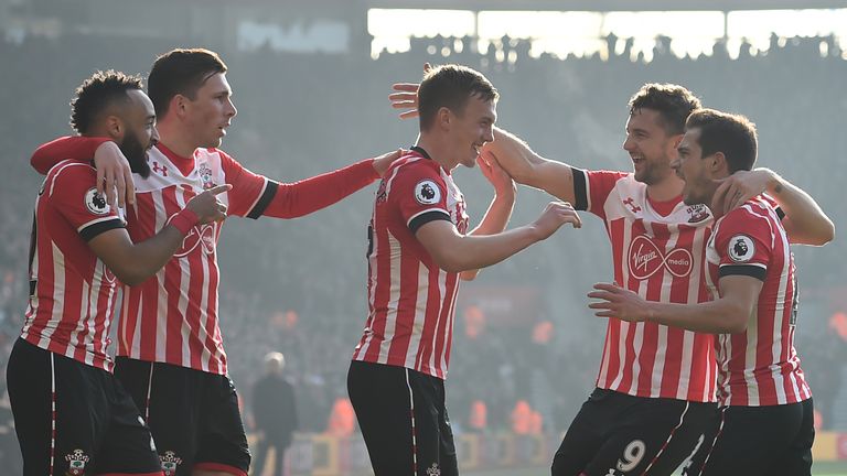 Southampton's players celebrate their 3-0 win over champions Leicester