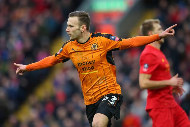 Andreas Weimann celebrates after putting Wolves 2-0 up at Anfield