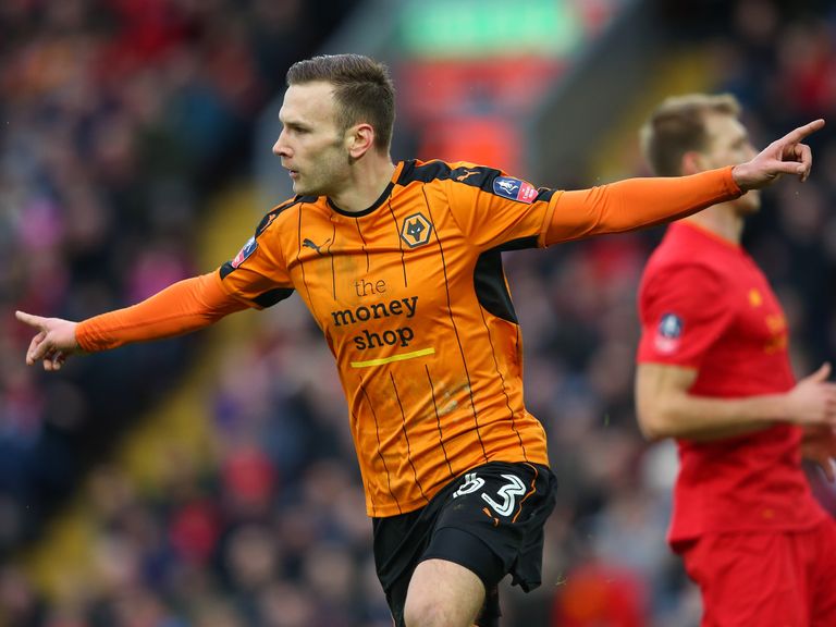 Andreas Weimann celebrates after putting Wolves 2-0 up at Anfield