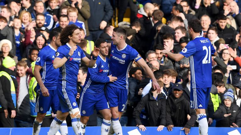 Chelsea's Eden Hazard (centre) celebrates with team-mates after scoring his team's second goal