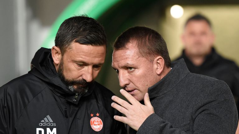 Derek McInnes and Brendan Rodgers before the game at Celtic Park 