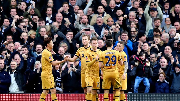 Kane celebrates his second goal with Tottenham team-mates