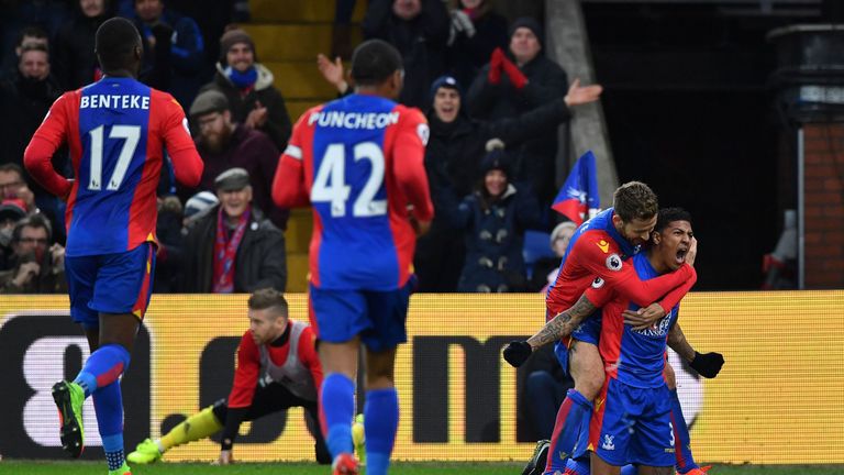 Crystal Palace defender Patrick van Aanholt (right) celebrates scoring a goal against Middlesbrough