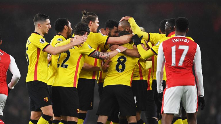Watford players celebrate during to 2-1 victory over Arsenal