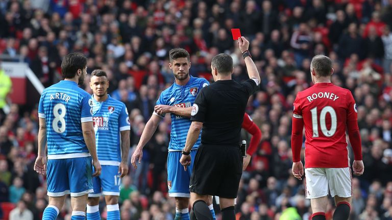 Andrew Surman is shown a red card by referee Kevin Friend