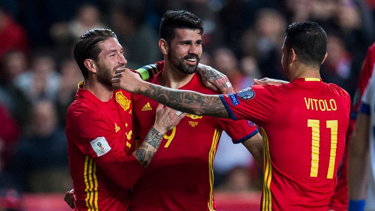 Diego Costa (centre) celebrates scoring in the 4-1 win over Israel