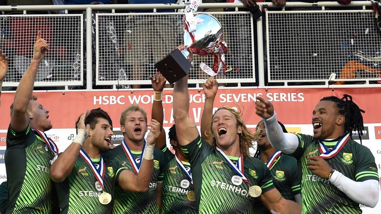 South Africa celebrate their fourth Sevens World Series victory of the season