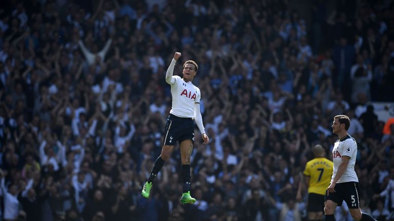 Alli celebrates scoring Tottenham's opener