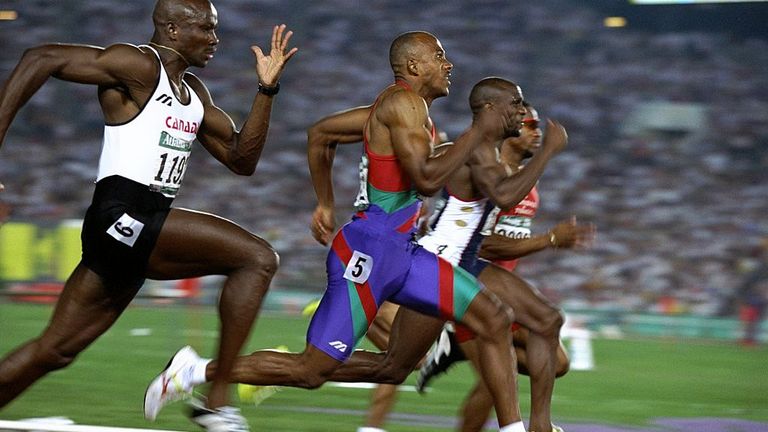 Frankie Fredericks (blue) picked up one of his silver in the 1996 Olympic 100m final