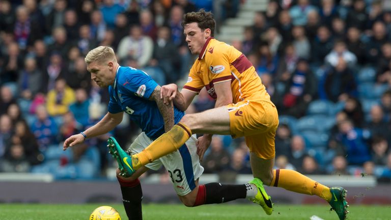Ben Heneghan, a reported transfer target for Rangers, tackles Martyn Waghorn at Ibrox earlier this season
