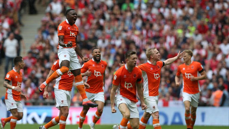 Blackpool celebrate scoring the winner at Wembley