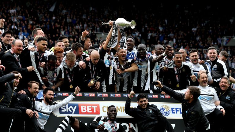 Newcastle celebrating promotion back to the Premier League