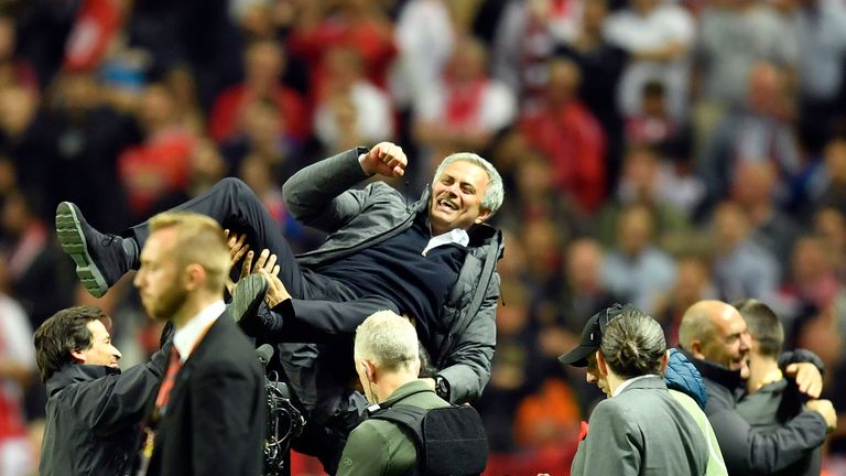 Jose Mourinho celebrates at the end of the Europa League final