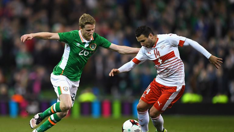 Renato Steffen of Switzerland is closed down by Eunan O'Kane of Republic of Ireland during the Aviva Stadium clash in March