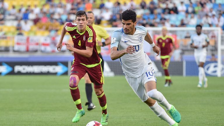 England forward Dominic Solanke moves with the ball